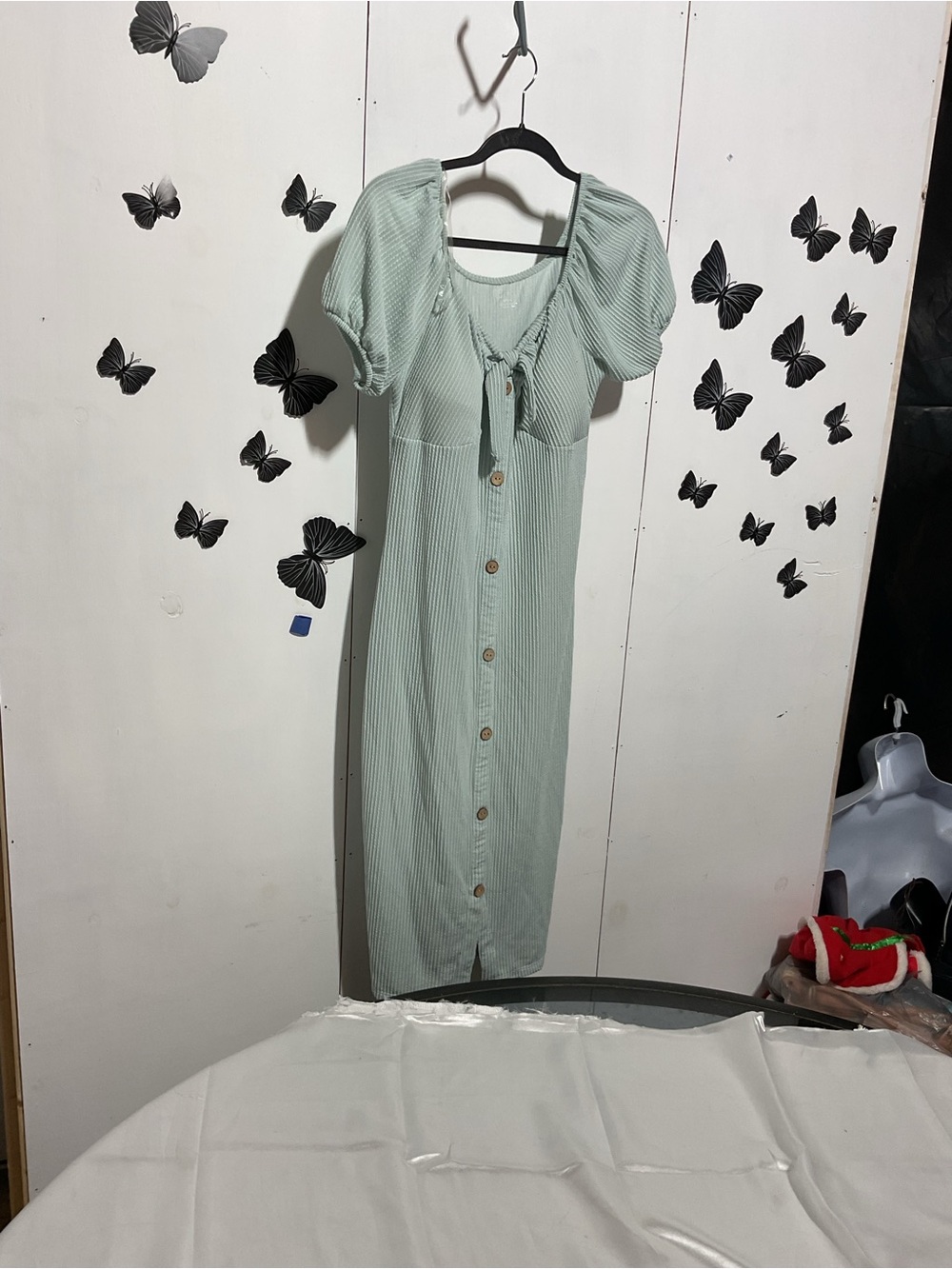 Light Sage Button-Front Midi Dress with Puff Sleeves